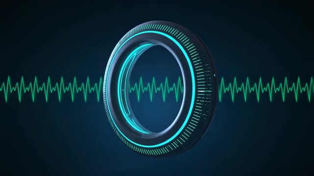 Pulsing toroidal ring with textured rim responding to waveform pulse in dark studio, syncing glow