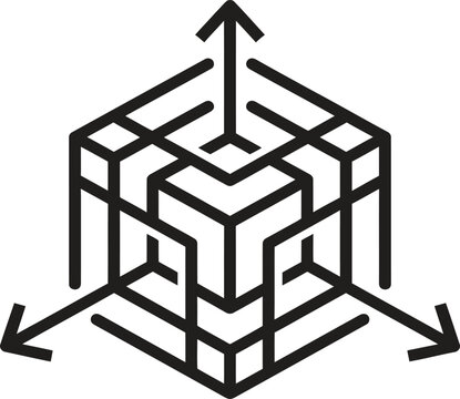 Abstract geometric cube with coordinate arrows vector illustration black line art for technical and dimensions design