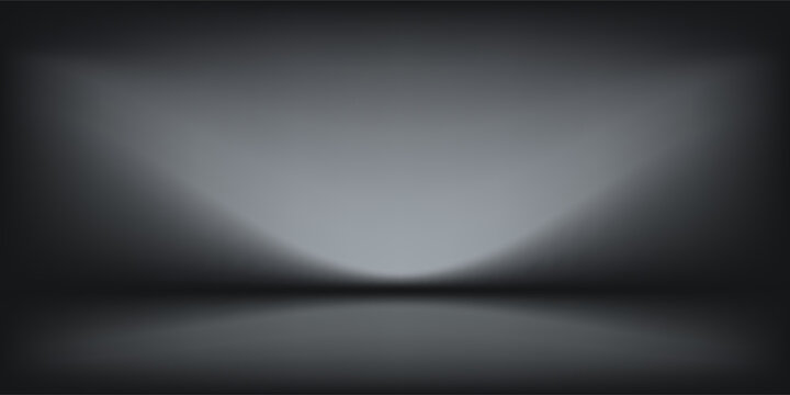 Black studio room. Limbo dark grey spotlight background. Abstract 3d backdrop for product presentation. Minimal wall scene. Showcase, promotion display. Vector stage mockup illustration