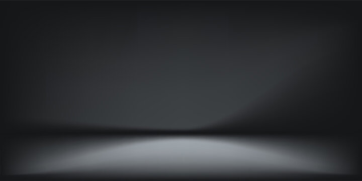 Black studio room. Limbo dark grey spotlight background. Abstract 3d backdrop for product presentation. Minimal wall scene. Showcase, promotion display. Vector stage mockup illustration