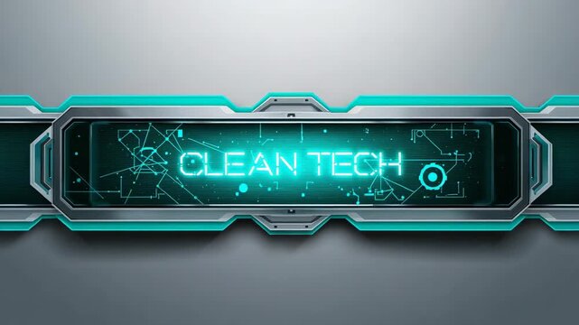 Booting display panel on grey wall, unveiling teal trim, pulsing CLEAN TECH label activating system