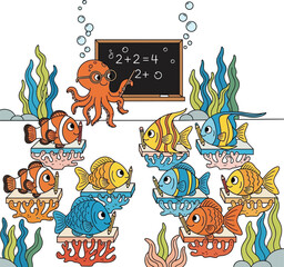 Cartoon Octopus Teacher and Fish Students Underwater Math Class Coloring Page © Mehrab