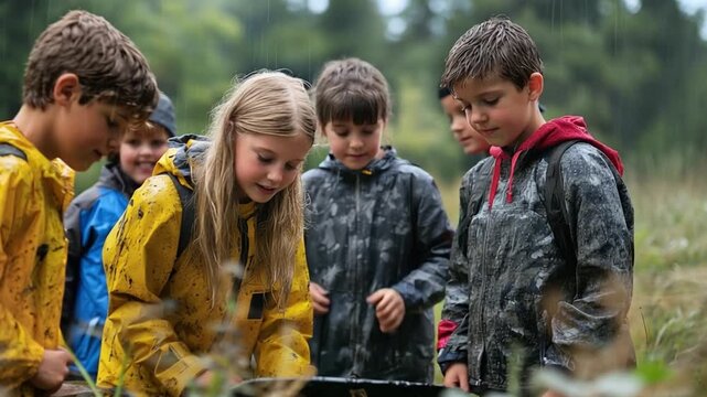 Young Explorers' Discovery: A group of children, bundled in rain gear, gather closely, captivated by a shared discovery. Capturing their curiosity and the joy of shared experience.