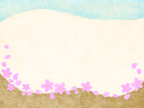 空の水色と地面のゴールドとベージュを背景に桜の花びらをあしらった背景素材イラスト
