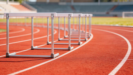 Obraz premium Hurdles on Red Running Track in Stadium