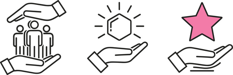 Obraz premium Customer care value and favorite rating concept outline icon set support protection service quality vector symbols