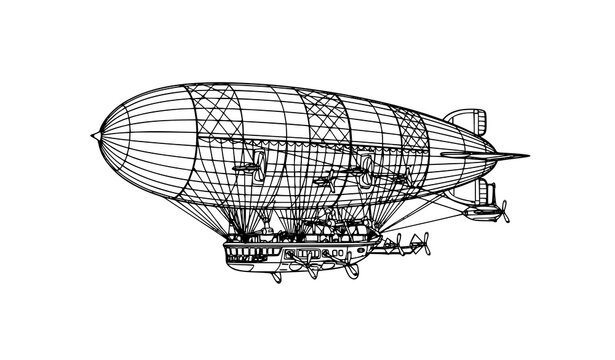 Vintage airship vector illustration with detailed line drawing and classic aviation