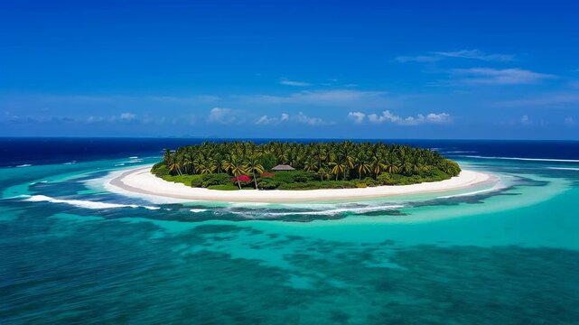 Moving aerial camera approaching compact tropical island, revealing reef, sandbars, red-roofed hut
