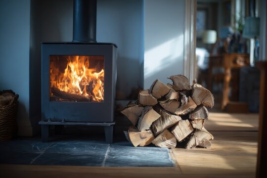 Warm log burner fire in modern interior