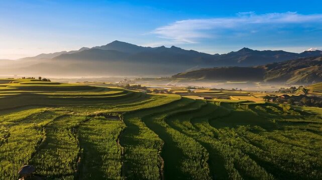 Launching drone camera gliding over terraced fields above valley, showing morning sun, mist, hut