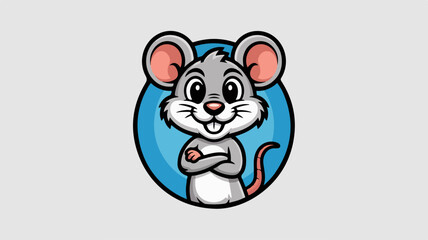 Cartoon mouse character with confident gesture standing upright with folded arms against blue circular background © Danii