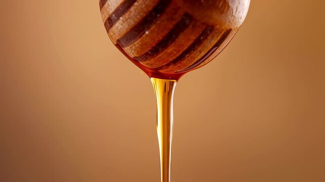 Wooden honey dipper releasing viscous honey pendant into glossy stream in kitchen, gravity pulling