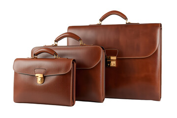 Brown leather briefcases in different sizes, representing professionalism, luxury, and corporate readiness with transparent background