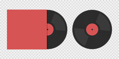 Vinyl vintage record red black in packaging, Gramophone LP record with long sound reproduction. CD disk of an old vintage player, Music hits 70s 80s 90s DJ party © VaniLinka