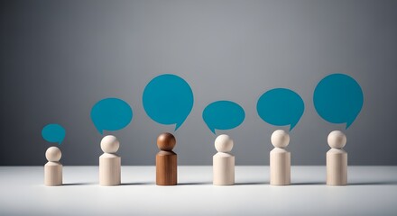 Obraz premium A group of wooden figures standing in a line with blue speech bubbles above them on a gray background with a white surface.