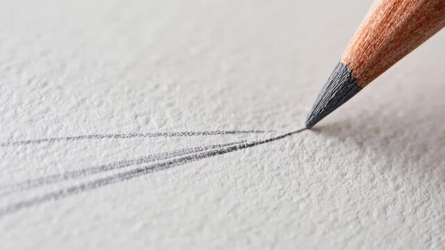 Touching pencil tip making three parallel strokes on rough paper, darkening center line, copy space