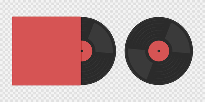 Vinyl vintage record red black in packaging, Gramophone LP record with long sound reproduction. CD disk of an old vintage player, Music hits 70s 80s 90s DJ party