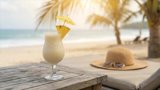 Tropical pina colada drink with pineapple on wooden beach table at a sunny seaside resort with a straw hat