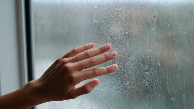 Tracing left hand, bare-forearm, moving across wet etched window at home, rain drawing, copy space