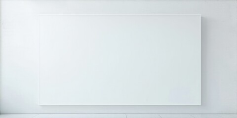 Obraz premium Blank canvas hangs on white wall. Minimalist interior, clean lines, simple presentation. Focus is solely on empty rectangular space.