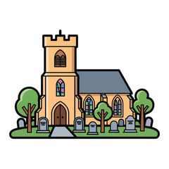 Obraz premium A cartoon church with a tower and graveyard