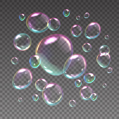 Flying soap bubbles. Realistic iridescent spheres with rainbow reflections floating on transparent background. 