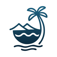 Logo agencia de viajes. Vacaciones de verano. Dibujo sencillo con líneas de la palma en una isla con montañas y olas de mar © teracreonte