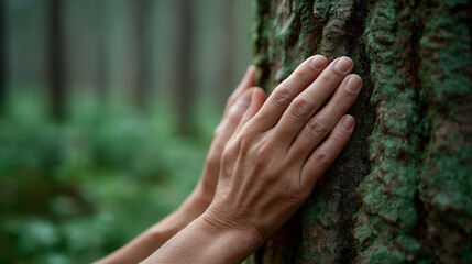 Close-up of faceless hands pressing palms gently against the rough textured bark of a large old tree in a forest, defocused green forest floor behind, nature connection, grounding in nature, eco