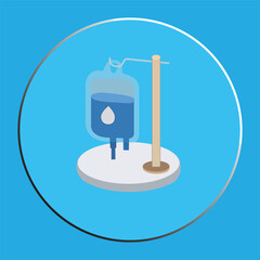 Isometric IV Drip Bag Icon on Blue Circular Background -Medical Infusion Concept