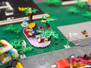 Fototapeta premium Lego park diorama with bench and trees