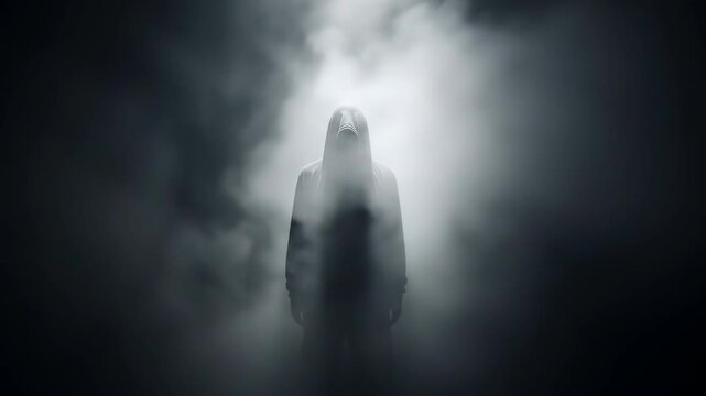 Mysterious Figure Emerges from the Fog in a Dark and Eerie Scene.