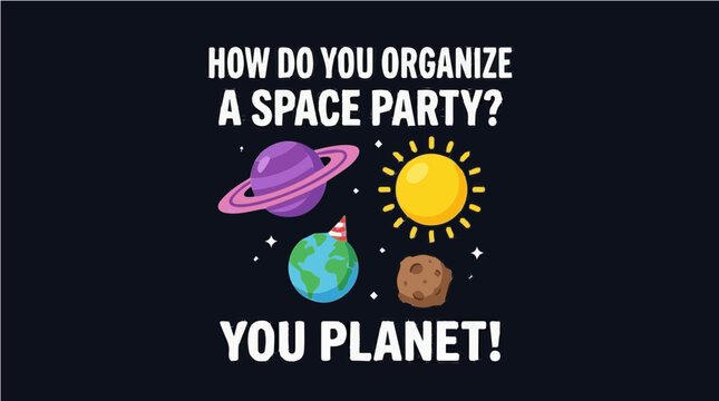 How Do You Organize A Space Party? You Planet! - Funny Space Pun Illustration with Cartoon Planets for T-shirt Design