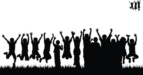 Black silhouettes of a large group of children jumping and cheering in a meadow, active childhood and freedom concept
