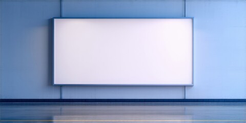Obraz premium Blank rectangular screen dominates blue wall. Reflective floor suggests empty space, minimalist design. Simple, clean presentation.