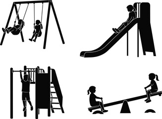 Set of black silhouettes of children playing on playground equipment, swings, slide, monkey bars and seesaw © MdSoleman