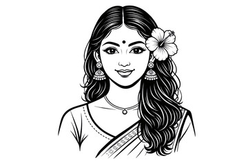 Indian Woman Portrait with Flower in Hair and Saree Line Art Illustration