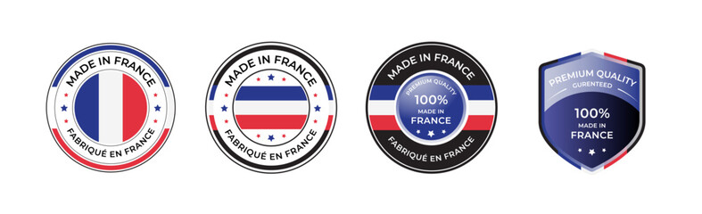 Obraz premium France Product Labels – 100 Percent Quality Guarantee Badges with Flag Design, Certified Manufacturing Stamps and Premium Shield Icons