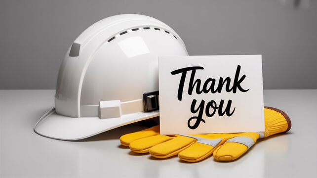 White hard hat and yellow work gloves with thank you note on a white surface construction