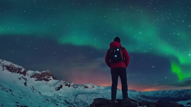 Northern Lights Explorer: A solitary figure stands in awe beneath the mesmerizing dance of the Northern Lights, contemplating the cosmos and embracing the beauty of nature.