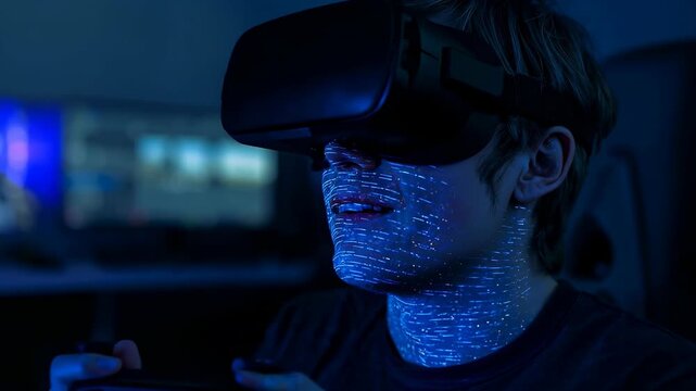 Reacting to game start, male teen tilting and gripping controller with VR headset in blue-lit setup