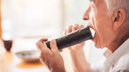 恵方巻きを丸かじりするシニア男性・日本の節分文化