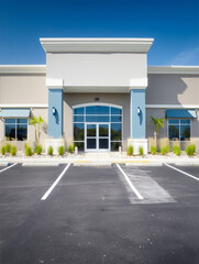 青空の下に建つモダンな店舗の外観と広々とした駐車場