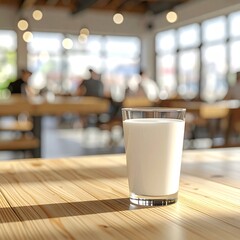 木製テーブルのミルクグラス自然光ミニマルカフェシーン
