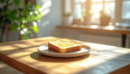 トーストとシンプルな皿のミニマルカフェテーブル自然光フードシーン
