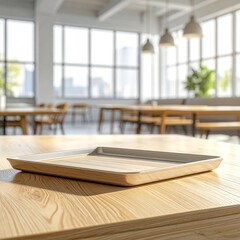 木製テーブルにトレーが置かれたミニマルなカフェテリアシーン自然光背景
