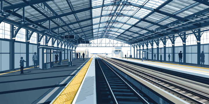 Train Station, Railway Platform, Interior, Rail Tracks, Industrial Transport Architecture Illustration