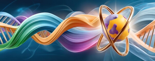 Fototapeta premium Vibrant atomic orbit background with neon ribbons and DNA-like color waves for science and tech design