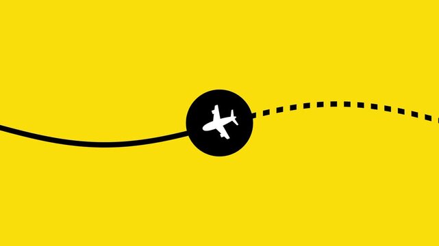 A black airplane icon travels along a curved line across a bright yellow field with a dotted path trailing behind to symbolize a long air journey