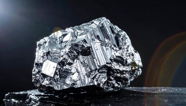 Galena Mineral: An up-close view of a glistening galena mineral specimen, showcasing its metallic luster and intricate crystalline structure against a dark backdrop.