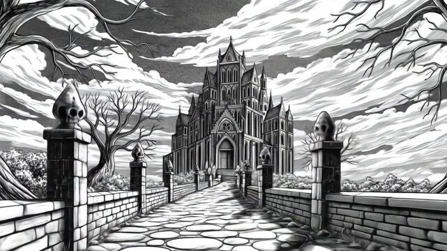 Gothic Castle Pathway Under Cloudy Sky Black and White Illustration.